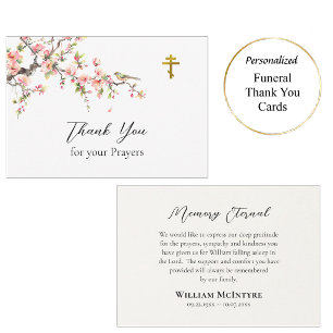 Carte De Remerciements Fleurs roses et oiseau Mémorial chrétien orthodoxe