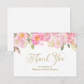 Carte De Remerciements Fleurs roses et or avec calligraphie dorée (Devant / Derrière)