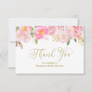 Carte De Remerciements Fleurs roses et or avec calligraphie dorée