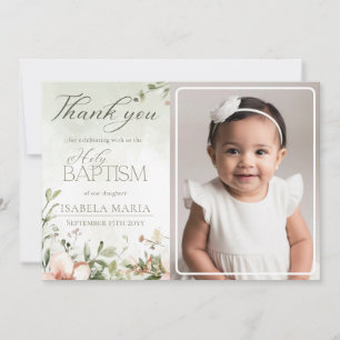 Carte De Remerciements Fleurs roses et vertes photo de baptême