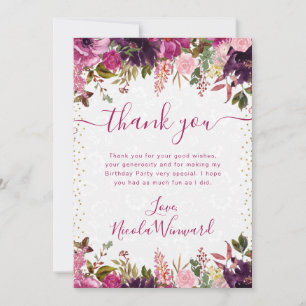 Carte De Remerciements Fleurs roses et violettes d'anniversaire à l'aquar