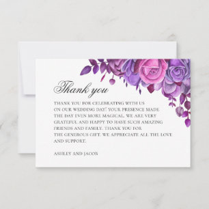 Carte De Remerciements Fleurs roses et violettes. Mariage lilas aquarelle