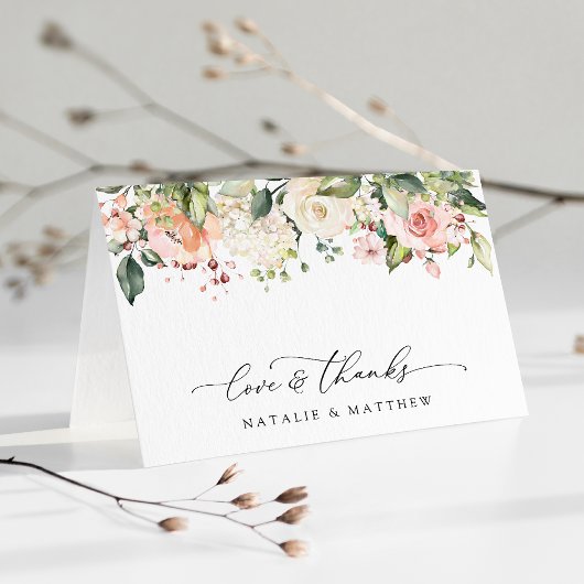 Carte De Remerciements Fleurs roses, Fleurs blanches, Verdure, Mariage