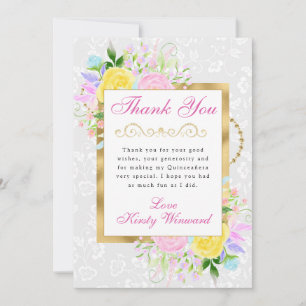 Carte De Remerciements Fleurs roses, jaunes et bleues Or Quinceanera