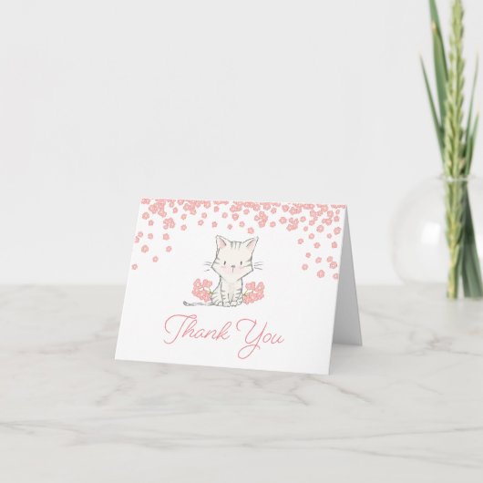 Carte De Remerciements Fleurs roses Kitten Baby shower fille (Devant)