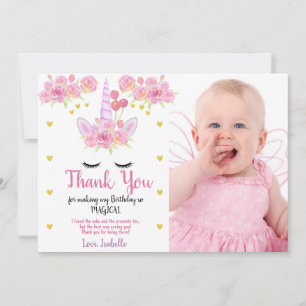 Carte De Remerciements Fleurs roses Licorne mignonne Photo Anniversaire