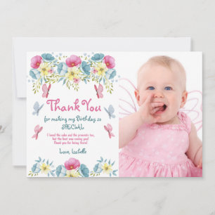 Carte De Remerciements Fleurs roses Papillons Photo Anniversaire