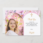 Carte De Remerciements Fleurs roses photo arche fille traverser Première  (Devant)