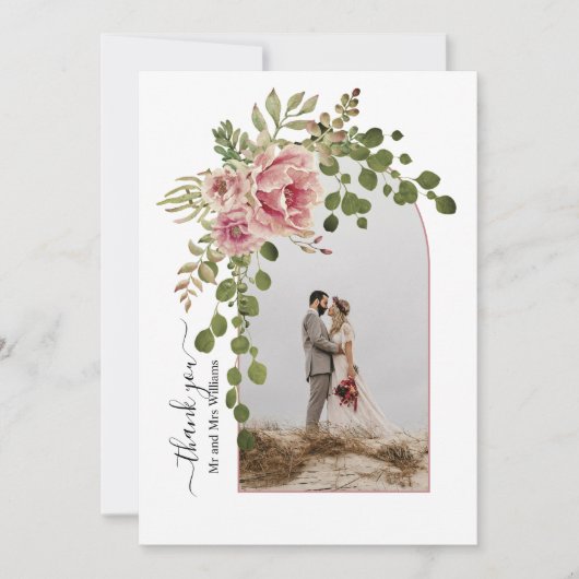 Carte De Remerciements Fleurs roses poussiéreuses, arche avec mariage pho (Devant)