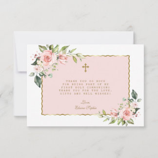 Carte De Remerciements Fleurs Roses Rouges Croix d'or Première Communion