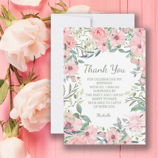 Carte De Remerciements Fleurs roses rousses Anniversaire