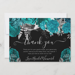 Carte De Remerciements Fleurs Roses Saphyr et Argent Aquarelle Anniversai