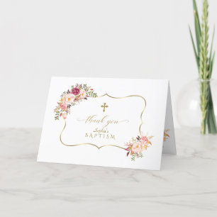 Carte De Remerciements Fleurs roses uniques Frame Gold Cross Baptism