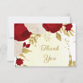 Carte De Remerciements fleurs rouges et blanches or mariage botanique (Devant)