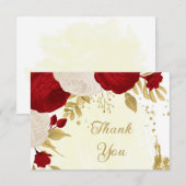 Carte De Remerciements fleurs rouges et blanches or mariage botanique (Devant / Derrière)