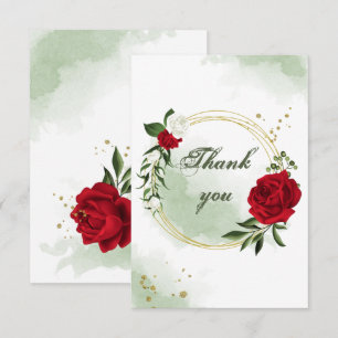 Carte De Remerciements fleurs rouges et blanches verdure or couronne