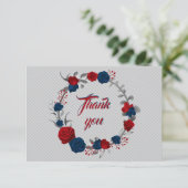 Carte De Remerciements fleurs rouges et bleues marine, couronne de feuill (Debout devant)
