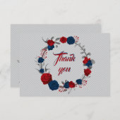 Carte De Remerciements fleurs rouges et bleues marine, couronne de feuill (Devant / Derrière)