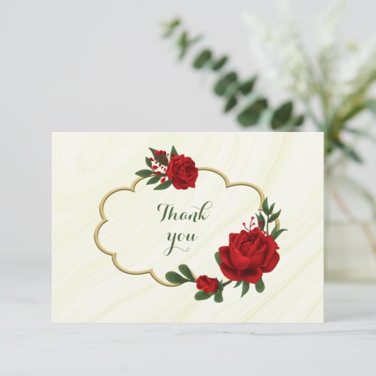 Carte De Remerciements fleurs rouges feuilles verts sur cadre or (Debout devant)