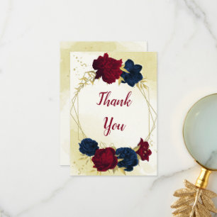 Carte De Remerciements fleurs rouges marine or feuille mariage