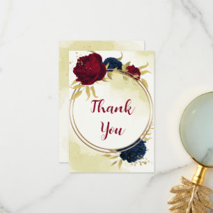 Carte De Remerciements fleurs rouges marine or feuille mariage
