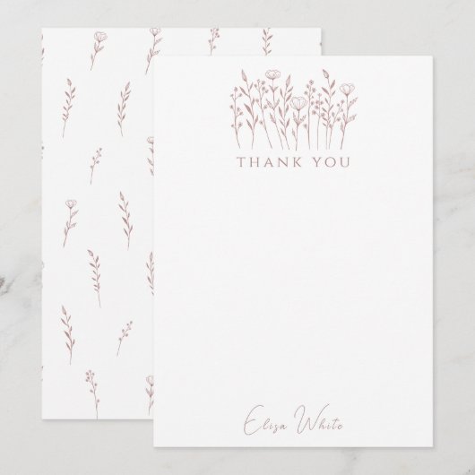 Carte De Remerciements Fleurs sauvages délicates Art en ligne rose person (Devant / Derrière)