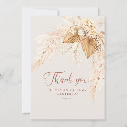 Carte De Remerciements Fleurs séchées Boho et Mariage en herbe Pampas (Devant)