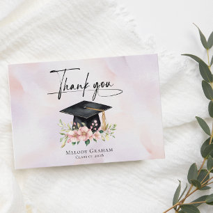Carte De Remerciements Fleurs simples de pastel de bonnet de diplômé de r