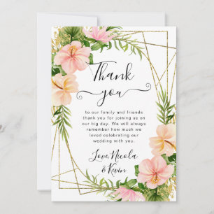 Carte De Remerciements Fleurs tropicales à l'aquarelle Mariage cadre doré