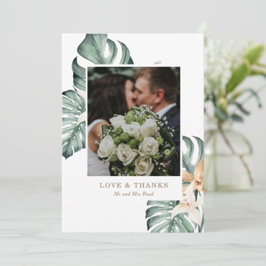 Carte De Remerciements Fleurs Tropicales Botaniques Mariage Or Mauve  (Debout devant)