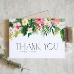 Carte De Remerciements Fleurs tropicales et verdure Mariage d'été<br><div class="desc">Envoyez des remerciements avec ce carte de remerciements mariage personnalisable. Il dispose d'une guirlande aquarelle de plumeria, hibiscus, feuilles de palmiers et d'autres plantes et fleurs tropicales. Personnalisez en ajoutant vos détails. Ce carte de remerciements tropical est parfait pour les mariages d'été, les baby showers, les diplômes, les anniversaires, etc....</div>