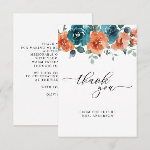 Carte De Remerciements Fleurs Turquoises brûlées Fête des mariées d'aqua