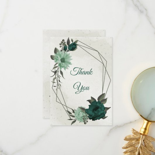 Carte De Remerciements fleurs vert émeraude botanique (Devant/Arrière en situation)