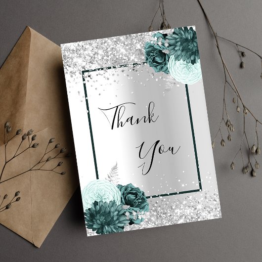 Carte De Remerciements Fleurs vertes argentées