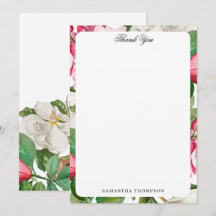Carte De Remerciements Fleurs vintages blanches et roses de Magnolia Nom