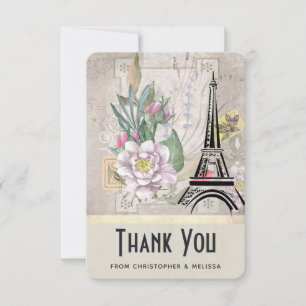Carte De Remerciements Fleurs vintages, Tour Eiffel et Mariage Burlap