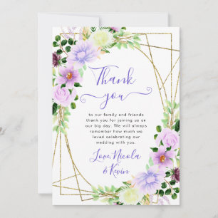 Carte De Remerciements Fleurs violettes à l'aquarelle Cadre doré Mariage