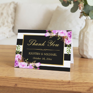 Carte De Remerciements Fleurs violettes élégantes rayures noires et blanc