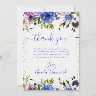 Carte De Remerciements Fleurs violettes et bleues à l'aquarelle pour anni