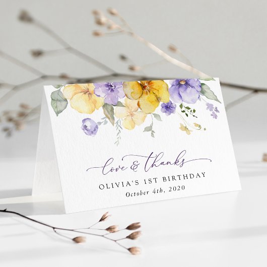 Carte De Remerciements Fleurs violettes, Fleurs Jaunes, Premier Anniversa