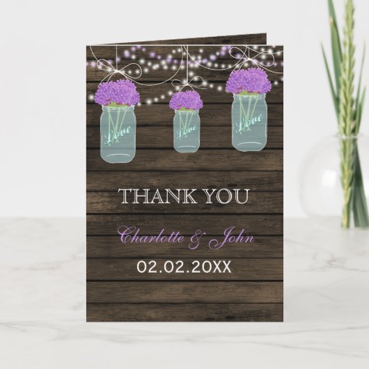 Carte De Remerciements Fleurs violettes Mason Jars Grange Mariage en bois (Devant)