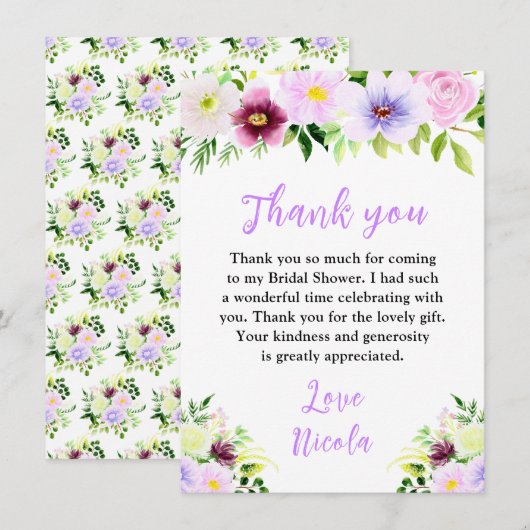 Carte De Remerciements Fleurs violettes printanières avec feuillage pour  (Devant / Derrière)