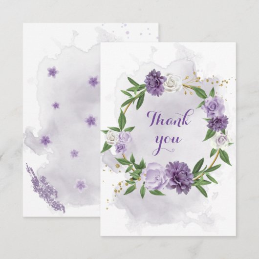 Carte De Remerciements fleurs violettes verdure or couronne (Devant / Derrière)