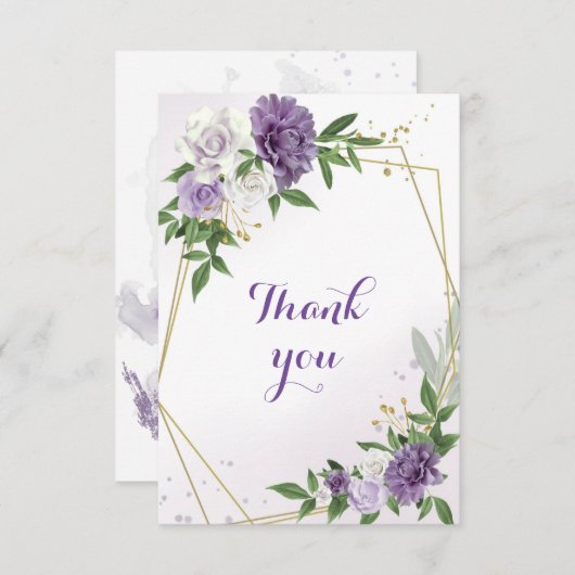 Carte De Remerciements fleurs violettes verdure or géométrique (Devant / Derrière)
