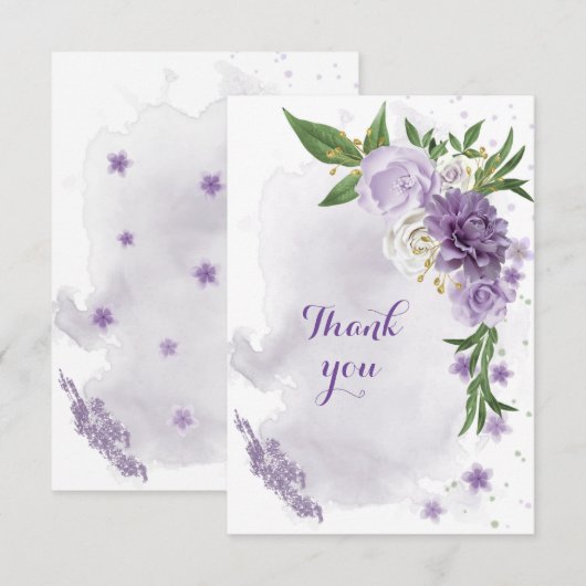 Carte De Remerciements fleurs violettes vert or (Devant / Derrière)