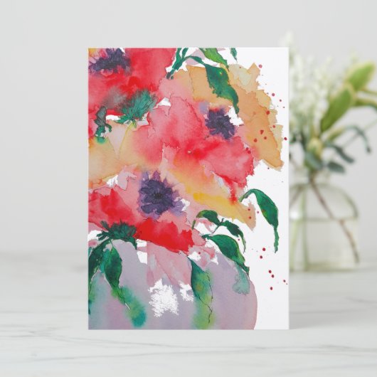 Carte De Remerciements Fleurs Whimsical rouge et jaune dans un Vase Pinky (Debout devant)
