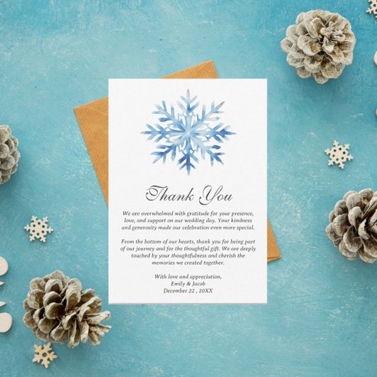 Carte De Remerciements Flocon de neige bleu glace Mariage d'hiver