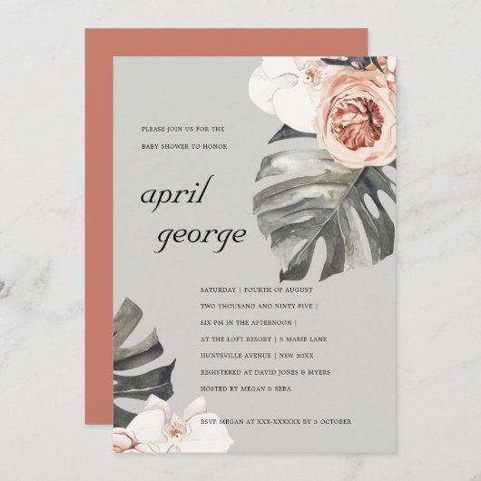 CARTE DE REMERCIEMENTS FLORA MONSTRERA BABY SHOWER GRISE BLUSH RUST INVIT (Devant / Derrière)