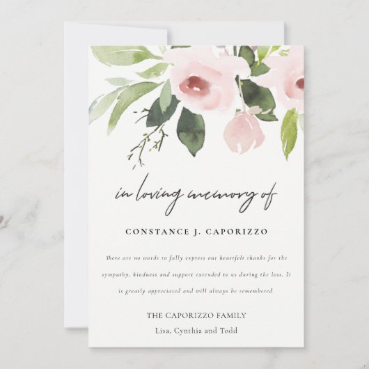 Carte De Remerciements Flora rose rose pâle à l'aquarelle (Devant)