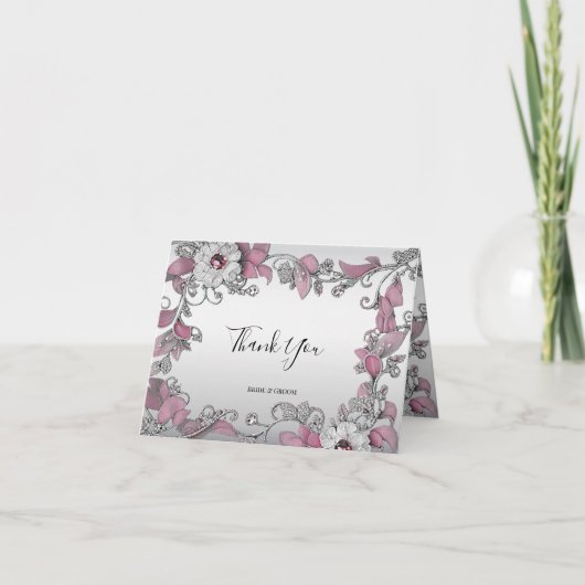 Carte de remerciements floral blanc argenté rose (Devant)